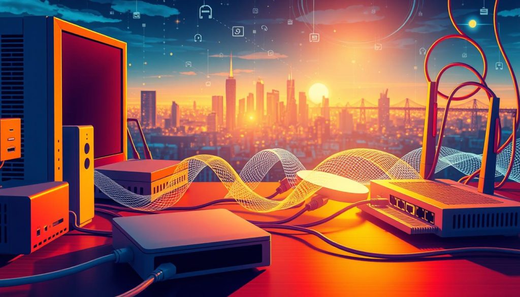 A vibrant, detailed illustration showcasing the key factors that influence internet speed. In the foreground, various technical components like modems, routers, and ethernet cables are displayed, each casting dynamic shadows and illuminated by warm, directional lighting. In the middle ground, undulating waves of data packets and signals flow through the scene, their movement and energy visualized through a digital, glowing aesthetic. In the background, a cityscape of skyscrapers and infrastructure fade into the distance, hinting at the complex network infrastructure that supports modern internet connectivity. The overall composition conveys the interplay of hardware, software, and network architecture that determines internet performance.